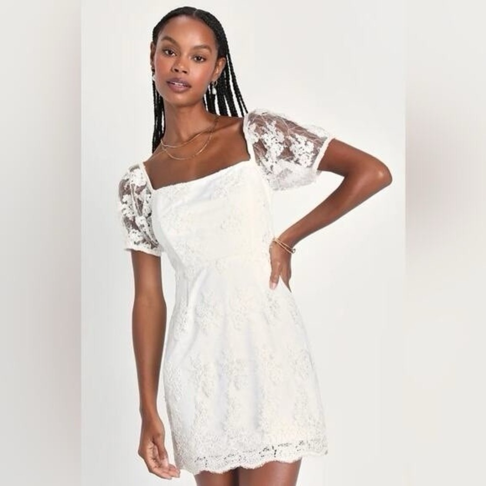 Lulus Avid Admiration White Embroidered Sequin Puff Sleeve Mini Dress Women's L